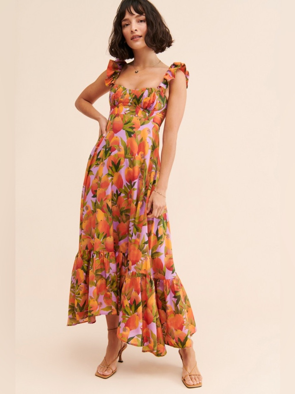 FARM Rio Mango Macaws Ruffle Cotton
Blend Maxi Dress